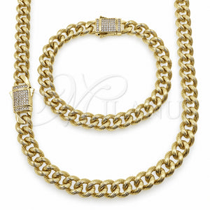 Collar y Pulsera 06.60.0009.20 Oro Laminado, Diseño de Miami Cubana, con Micro Pave Blanca, Diamantado, Tono Dorado