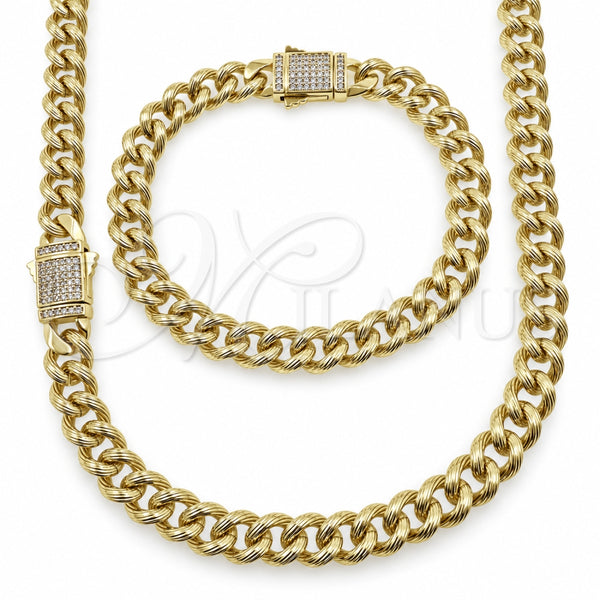 Collar y Pulsera 06.60.0009.20 Oro Laminado, Diseño de Miami Cubana, con Micro Pave Blanca, Diamantado, Tono Dorado