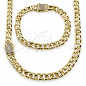 Collar y Pulsera 06.60.0010.20 Oro Laminado, Diseño de Miami Cubana, con Zirconia Cubica Blanca, Pulido, Tono Dorado
