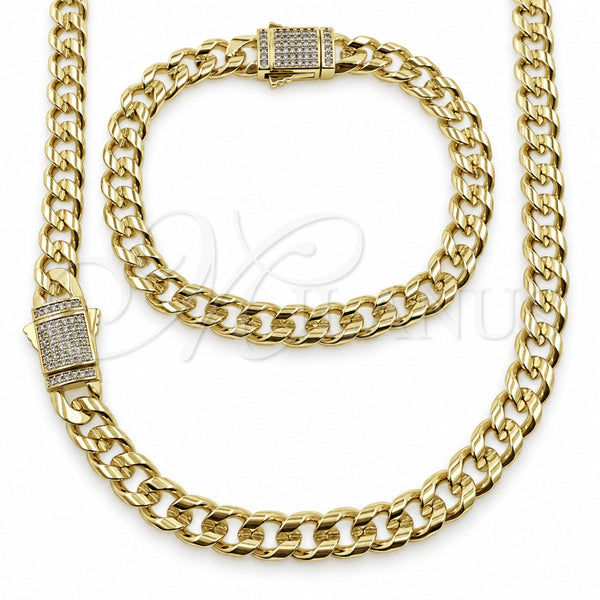 Collar y Pulsera 06.60.0010.20 Oro Laminado, Diseño de Miami Cubana, con Zirconia Cubica Blanca, Pulido, Tono Dorado