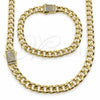 Collar y Pulsera 06.60.0010.20 Oro Laminado, Diseño de Miami Cubana, con Zirconia Cubica Blanca, Pulido, Tono Dorado