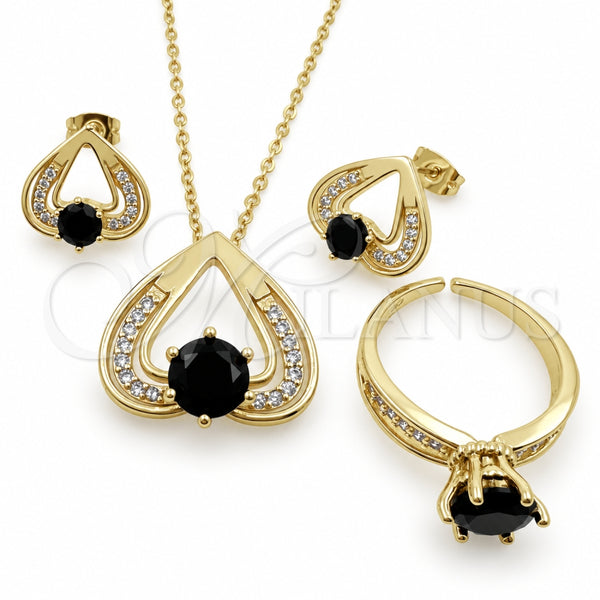 Collar, Dije y Anillo 06.424.0003.3 Oro Laminado, Diseño de Corazón, con Zirconia Cubica Negro y Blanca, Pulido, Tono Dorado