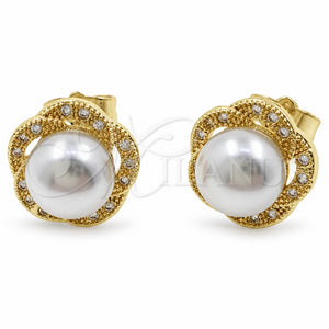 Arete Dormilona 02.344.0181.1 Oro Laminado, Diseño de Flor y Cluster, con Micro Pave Blanca y Perla Marfil, Pulido, Tono Dorado