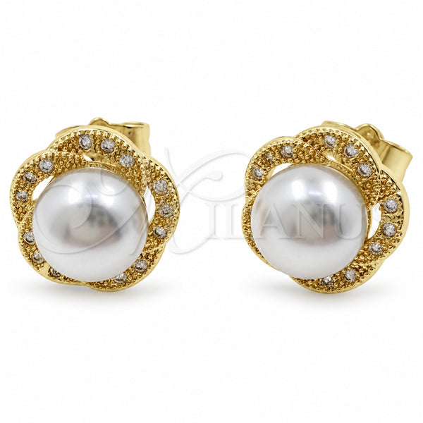 Arete Dormilona 02.344.0181.1 Oro Laminado, Diseño de Flor y Cluster, con Micro Pave Blanca y Perla Marfil, Pulido, Tono Dorado