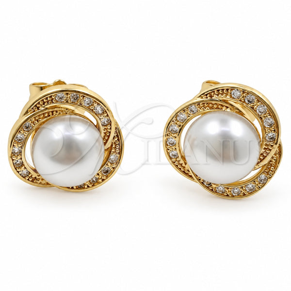 Arete Dormilona 02.344.0240 Oro Laminado, Diseño de Nudo, con Perla Marfil y Micro Pave Blanca, Pulido, Tono Dorado