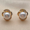 Arete Dormilona 02.344.0243 Oro Laminado, Diseño de Flor, con Perla Marfil y Zirconia Cubica Blanca, Pulido, Tono Dorado