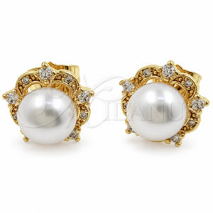 Arete Dormilona 02.344.0246 Oro Laminado, Diseño de Flor y Bola, con Perla Marfil y Zirconia Cubica Blanca, Pulido, Tono Dorado