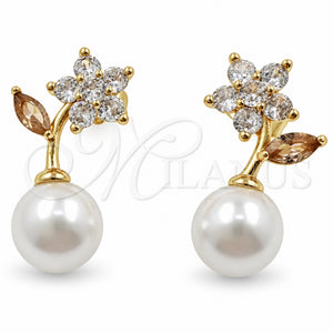 Arete Dormilona 02.344.0248 Oro Laminado, Diseño de Flor y Bola, con Perla Marfil y Zirconia Cubica Blanca, Pulido, Tono Dorado