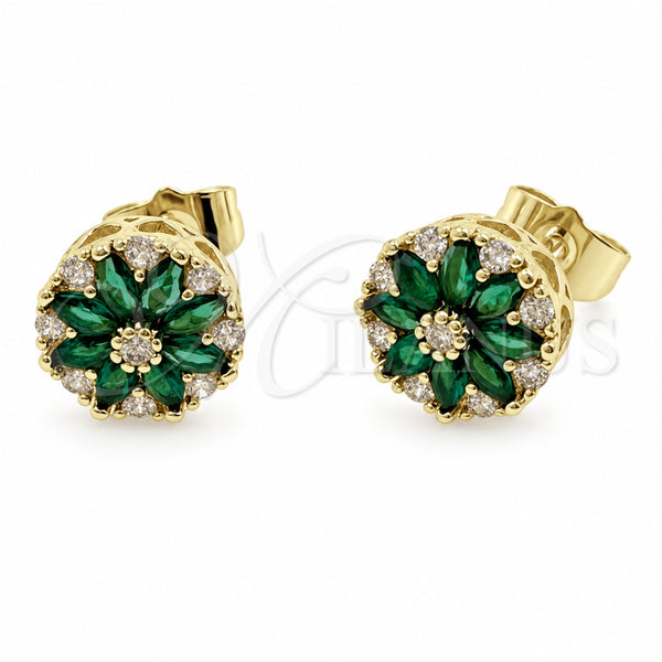 Arete Dormilona 02.344.0249 Oro Laminado, Diseño de Flor, con Zirconia Cubica Verde y Blanca, Pulido, Tono Dorado