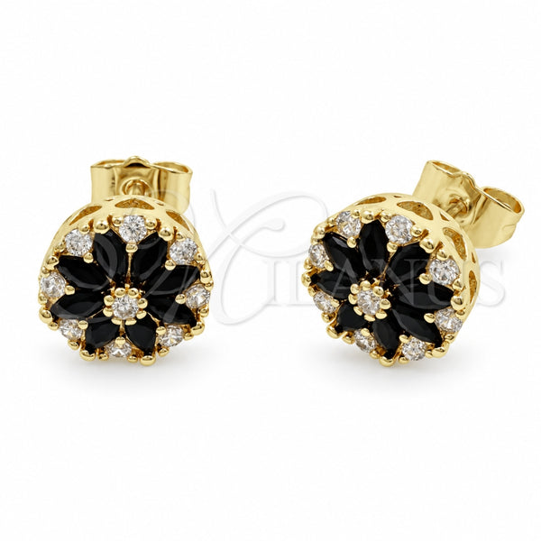 Arete Dormilona 02.344.0249.1 Oro Laminado, Diseño de Flor, con Zirconia Cubica Negro y Blanca, Pulido, Tono Dorado