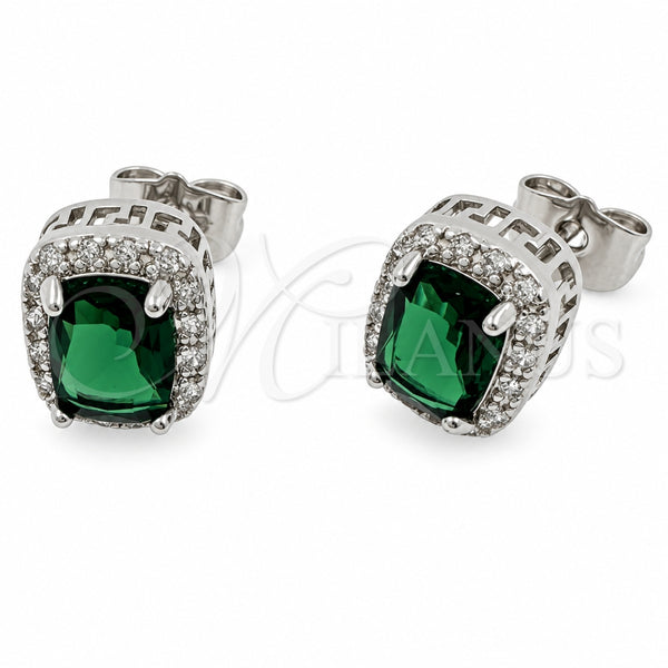 Arete Dormilona 02.342.0209.4 Oro Laminado Blanco, Diseño de Cluster y Llave Griega, con Zirconia Cubica Verde y Micro Pave Blanca, Pulido, Rodinado