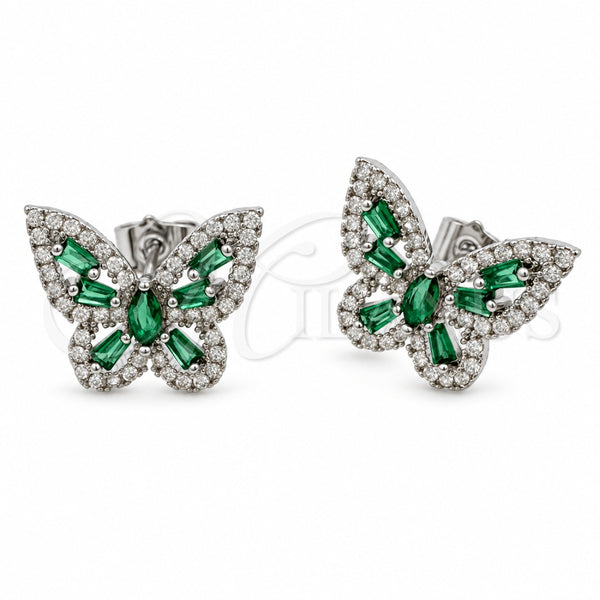 Arete Dormilona 02.344.0180.3 Oro Laminado Blanco, Diseño de Mariposa y Baguette, con Zirconia Cubica Verde y Blanca, Pulido, Rodinado