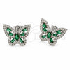 Arete Dormilona 02.344.0180.3 Oro Laminado Blanco, Diseño de Mariposa y Baguette, con Zirconia Cubica Verde y Blanca, Pulido, Rodinado