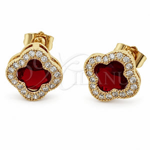 Arete Dormilona 02.283.0151.8 Oro Laminado, Diseño de Trébol de Cuatro Hojas y Cluster, con Zirconia Cubica Granate y Micro Pave Blanca, Pulido, Tono Dorado