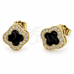 Arete Dormilona 02.283.0151.9 Oro Laminado, Diseño de Trébol de Cuatro Hojas y Cluster, con Zirconia Cubica Negro y Micro Pave Blanca, Pulido, Tono Dorado