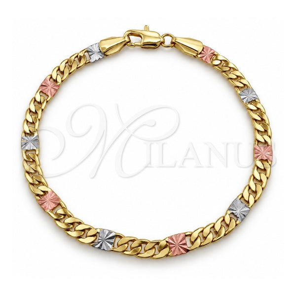 Pulsera Elegante 04.213.0390.07 Oro Laminado, Diseño de Miami Cubana y Mariner, Diamantado, Tres Tonos (Grosor 04.4 MM, 8 Pulgadas de Largo)