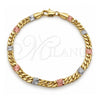 Pulsera Elegante 04.213.0390.07 Oro Laminado, Diseño de Miami Cubana y Mariner, Diamantado, Tres Tonos (Grosor 04.4 MM, 8 Pulgadas de Largo)