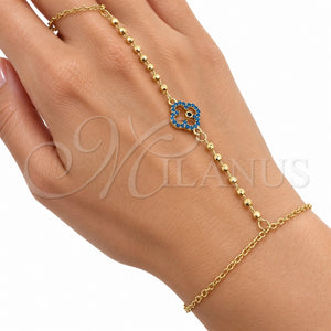 Pulsera Elegante 03.60.0204.07 Oro Laminado, Diseño de Trébol de Cuatro Hojas y Bola, con Zirconia Cubica Turquoise y Zafiro Azul, Pulido, Tono Dorado (Grosor 01.5 MM, 8 Pulgadas de Largo)