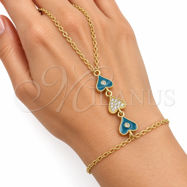 Pulsera Elegante 03.60.0211.07 Oro Laminado, Diseño de Corazón y Rolo, con Zirconia Cubica Blanca, Esmaltado Turquesa, Tono Dorado (Grosor 02 MM, 7 Pulgadas de Largo)