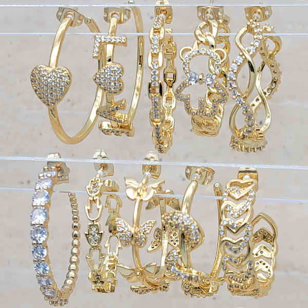 Kit Surtido de 14 Pares de Argollas con Zirconia de Oro Laminado al por mayor — SKU 148655