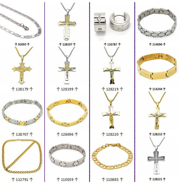 Kit Surtido de 66 piezas de Joyería para Caballero de Acero Inoxidable y Oro Laminado al por mayor — SKU 132085