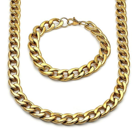 Collar y Pulso 06.257.0003 Acero Inoxidable, Diseño de Cubana, Pulido, Dorado