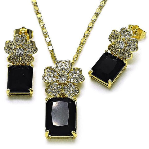 Juego de Arete y Dije de Adulto 10.196.0190.3 Oro Laminado, Diseño de Flor, con Zirconia Cubica Negro y Micro PaveBlanca, Pulido, Dorado