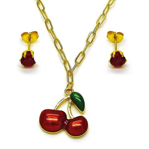 Juego de Arete y Dije de Adulto 10.417.0028 Oro Laminado, Diseño de Cereza y Paperclip, Diseño de Cereza, con Zirconia Cubica Granate, Esmaltado Rojo, Dorado