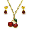 Juego de Arete y Dije de Adulto 10.417.0028 Oro Laminado, Diseño de Cereza y Paperclip, Diseño de Cereza, con Zirconia Cubica Granate, Esmaltado Rojo, Dorado