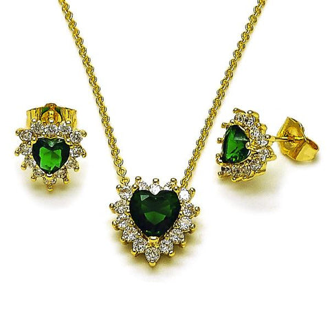 Juego de Arete y Dije de Adulto 10.156.0516 Oro Laminado, Diseño de Corazon y Cluster, Diseño de Corazon, con Zirconia Cubica Verde y Blanca, Pulido, Dorado