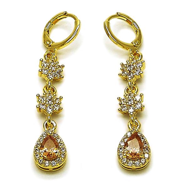 Arete Largo 02.323.0108 Oro Laminado, Diseño de Flor y Gota, Diseño de Flor, con Zirconia Cubica Champan y Blanca, Pulido, Dorado