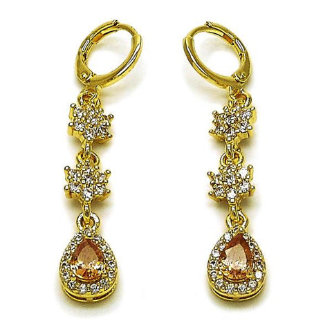 Arete Largo 02.323.0108 Oro Laminado, Diseño de Flor y Gota, Diseño de Flor, con Zirconia Cubica Champan y Blanca, Pulido, Dorado