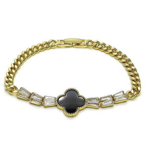 Pulsera Elegante 03.283.0415.07 Oro Laminado, Diseño de Trebol de Cuatro Hojas y Miami Cubana, Diseño de Trebol de Cuatro Hojas, con Zirconia Cubica Negro y Blanca, Pulido, Dorado