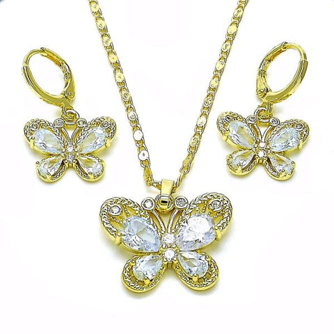 Juego de Arete y Dije de Adulto 10.196.0134.2 Oro Laminado, Diseño de Mariposa, con Zirconia Cubica Blanca, Pulido, Dorado