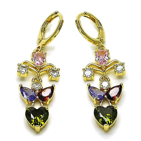 Arete Largo 02.196.0248 Oro Laminado, Diseño de Corazon y Gota, Diseño de Corazon, con Zirconia Cubica Multicolor, Pulido, Dorado