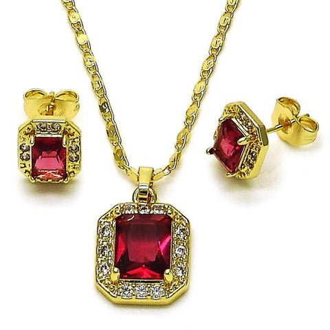 Juego de Arete y Dije de Adulto 10.196.0180.2 Oro Laminado, Diseño de Cluster, con Zirconia Cubica Rubi y Blanca, Pulido, Dorado