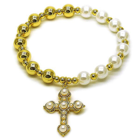 Pulsera Elegante 03.341.0250.07 Oro Laminado, Diseño de Cruz y Bead Expandible, Diseño de Cruz, con Perla Marfil, Pulido, Dorado