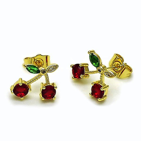 Arete Dormilona 02.283.0258 Oro Laminado, Diseño de Cereza, con Zirconia Cubica Granate y Verde, Pulido, Dorado