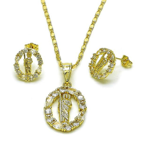Juego de Arete y Dije de Adulto 10.411.0013 Oro Laminado, Diseño de San Judas, con Zirconia Cubica Blanca, Pulido, Dorado