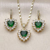 Juego de Arete y Dije de Adulto 10.196.0192 Oro Laminado, Diseño de Corazon y Cluster, Diseño de Corazon, con Zirconia Cubica Verde y Blanca, Pulido, Dorado