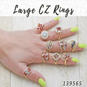 Kit Surtido de 15 Anillos Grandes con Zirconia de Oro Laminado al por mayor — SKU 139565
