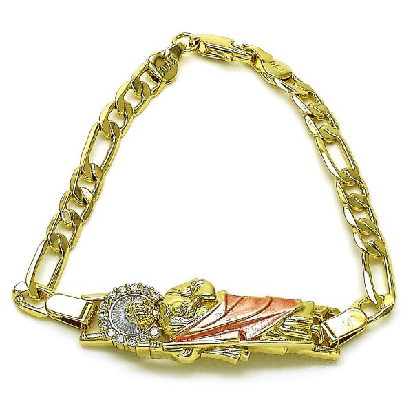 Pulsera Elegante 03.411.0051.07 Oro Laminado, Diseño de San Judas y Figaro, Diseño de San Judas, con Zirconia Cubica Blanca, Pulido, Tricolor