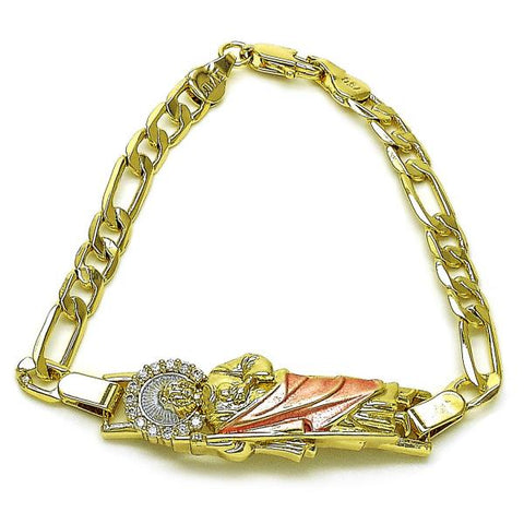 Pulsera Elegante 03.411.0051.07 Oro Laminado, Diseño de San Judas y Figaro, Diseño de San Judas, con Zirconia Cubica Blanca, Pulido, Tricolor