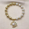 Pulsera Elegante 03.341.0251.07 Oro Laminado, Diseño de Bead Expandible y Bola, Diseño de Bead Expandible, con Perla Marfil y Zirconia CubicaVerde, Pulido, Dorado