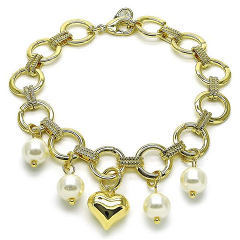 Pulsera de Dije 03.331.0263.09 Oro Laminado, Diseño de Corazon y Bola, Diseño de Corazon, con Perla Marfil y Zirconia CubicaBlanca, Pulido, Dorado