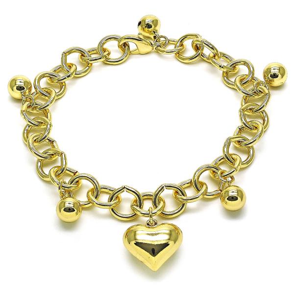 Pulsera de Dije 03.331.0252.09 Oro Laminado, Diseño de Rolo y Corazon, Diseño de Rolo, Pulido, Dorado