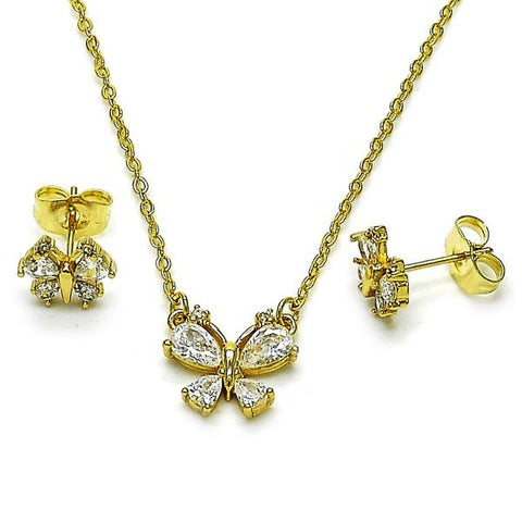 Juego de Arete y Dije de Adulto 10.282.0001 Oro Laminado, Diseño de Mariposa y Rolo, Diseño de Mariposa, con Zirconia Cubica Blanca, Pulido, Dorado
