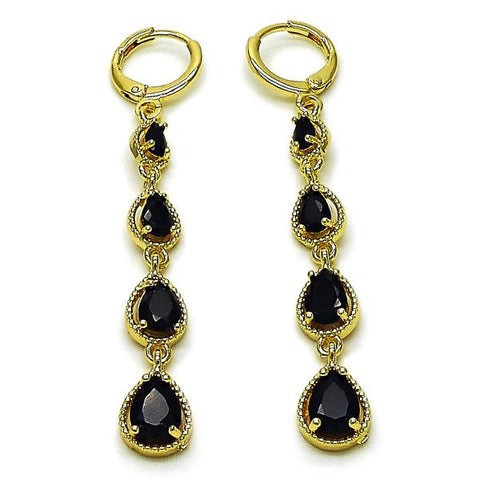 Arete Largo 02.323.0106 Oro Laminado, Diseño de Gota, con Zirconia Cubica Negro, Pulido, Dorado