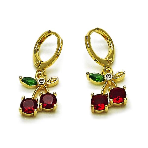 Arete Colgante 02.323.0097 Oro Laminado, Diseño de Cereza, con Zirconia Cubica Granate y Verde, Pulido, Dorado