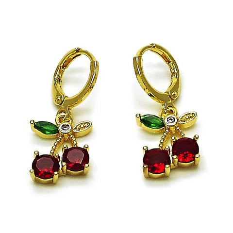 Arete Colgante 02.323.0097 Oro Laminado, Diseño de Cereza, con Zirconia Cubica Granate y Verde, Pulido, Dorado